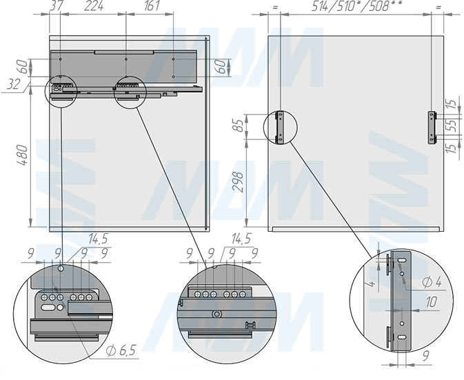 Установка системы PROBOX F60 для сортировки и хранения, 3 емкости (2x16+37 л), для фасадов шириной 600 мм (артикул MBN603-69DGMID), схема 1