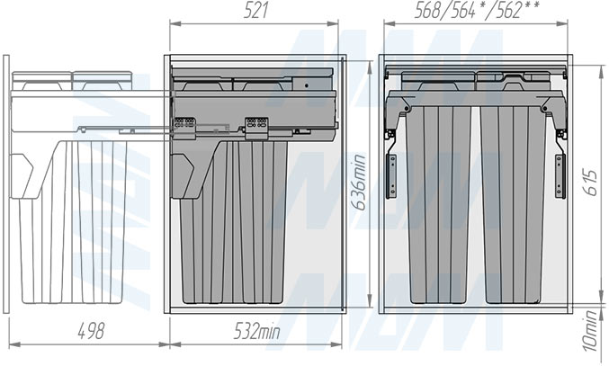 Установка системы PROBOX F60 для сортировки и хранения, 3 емкости (2x16+37 л), для фасадов шириной 600 мм (артикул MBN603-69DGMID), схема 2