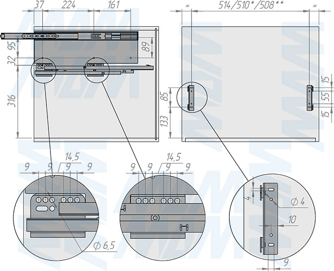 Установка системы PROBOX MAX F60 для сортировки и хранения, 4 емкости (2x13 л + 2x24 л), для фасадов шириной 600 мм (артикул MBN604-74DGMAX), схема 1