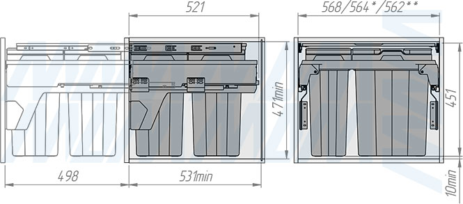 Установка системы PROBOX MAX F60 для сортировки и хранения, 4 емкости (2x13 л + 2x24 л), для фасадов шириной 600 мм (артикул MBN604-74DGMAX), схема 2