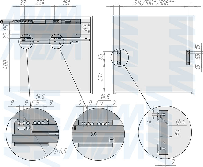 Установка системы PROBOX MAX F60 для сортировки и хранения, 4 емкости (2x15 л + 2x27 л), для фасадов шириной 600 мм (артикул MBN604-84DGMAX), схема 1