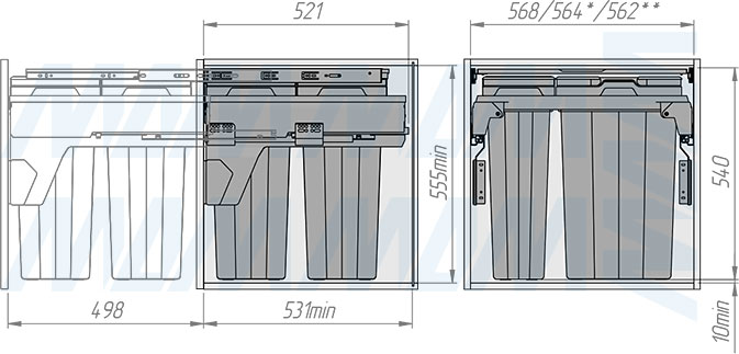 Установка системы PROBOX MAX F60 для сортировки и хранения, 4 емкости (2x15 л + 2x27 л), для фасадов шириной 600 мм (артикул MBN604-84DGMAX), схема 2