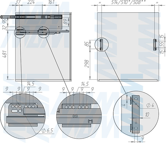 Установка системы PROBOX MAX F60 для сортировки и хранения, 4 емкости (2x16 л + 2x31 л), для фасадов шириной 600 мм (артикул MBN604-94DGMAX), схема 1