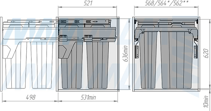 Установка системы PROBOX MAX F60 для сортировки и хранения, 4 емкости (2x16 л + 2x31 л), для фасадов шириной 600 мм (артикул MBN604-94DGMAX), схема 2