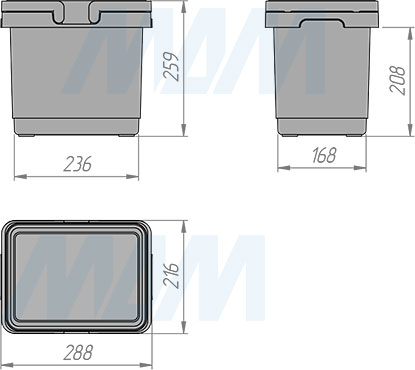 Размеры квадратного ведро SINGLE с ручками, 12 л, высота 260 мм (артикул ME12)