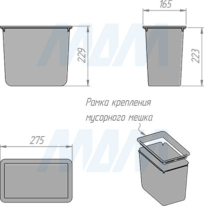Размеры ведра 10 л системы MOVEBIN  для сортировки мусора и хранения (артикул MVB0 AGM)