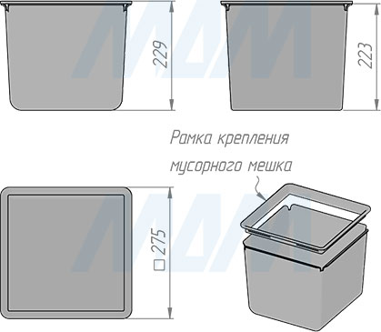 Размеры ведра 16,5 л системы MOVEBIN  для сортировки мусора и хранения (артикул MVB0 AGM)