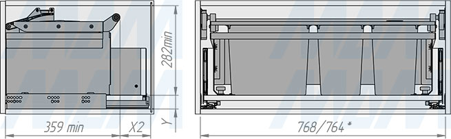 Установка системы MOVEBIN M80A для сортировки мусора и хранения, 3 емкости (16,5л+10л+10л), установка в ящик, автоматическая крышка (артикул MVB080AGM), схема 3