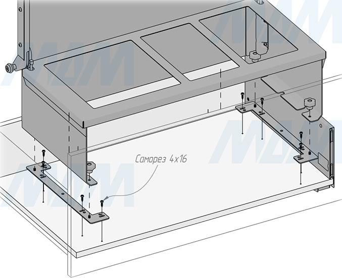 Установка системы MOVEBIN M80A для сортировки мусора и хранения, 3 емкости (16,5л+10л+10л), установка в ящик, автоматическая крышка (артикул MVB080AGM), схема 4