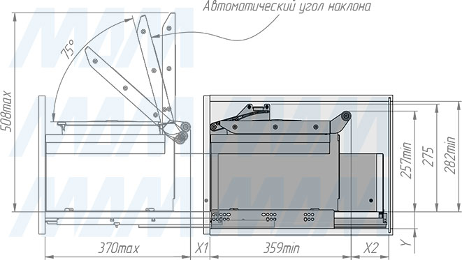 Установка системы MOVEBIN M90A для сортировки мусора и хранения, 3 емкости (16,5л+16,5л+10л), установка в ящик, автоматическая крышка (артикул MVB090AGM), схема 2