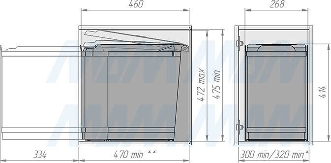 Установка системы TOWER  для сортировки мусора с двумя ведрами, нижнее крепление (артикул PA 605/1), схема 2
