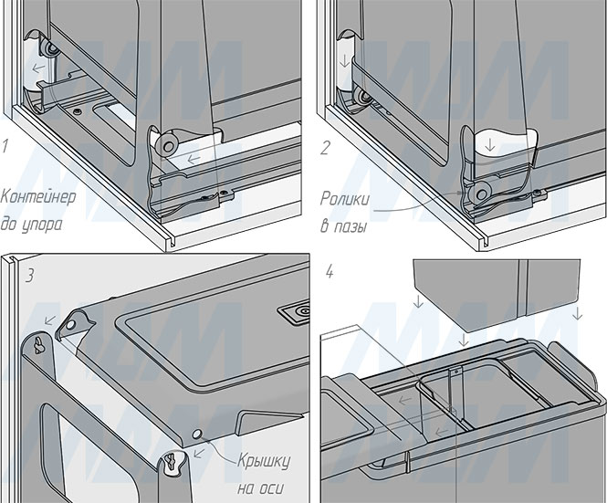 Установка системы TOWER  для сортировки мусора с двумя ведрами, нижнее крепление (артикул PA 605/1), схема 3
