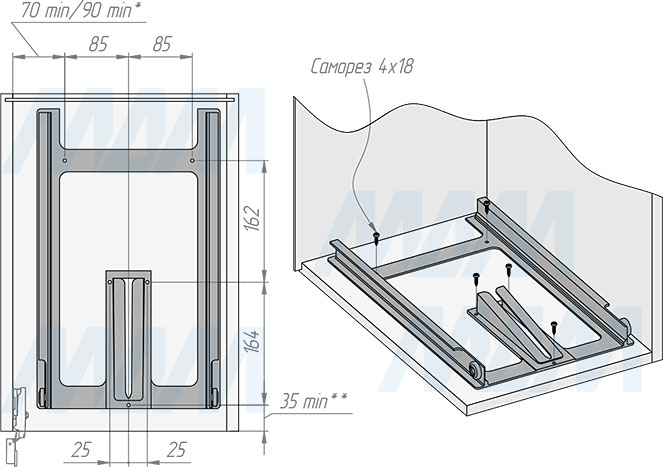 Установка системы TOWER  для сортировки мусора с ведром 18 л, нижнее крепление (артикул PA 609/1), схема 1