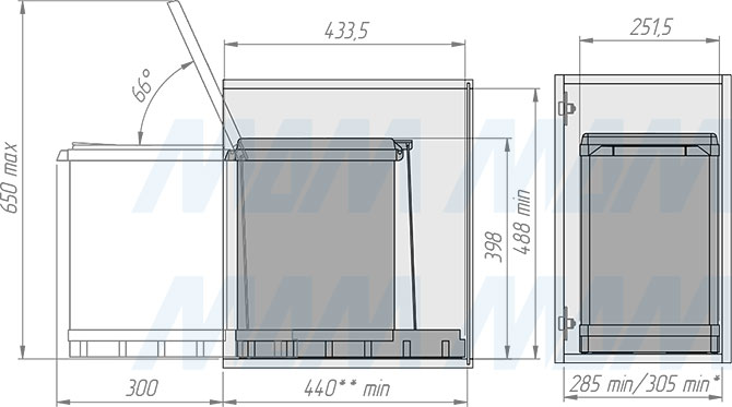 Установка системы TOWER  для сортировки мусора с ведром 18 л, нижнее крепление (артикул PA 609/1), схема 2