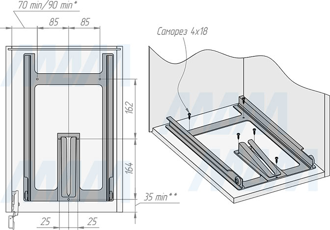 Установка системы TOWER для сортировки мусора с ведром 18 л, нижнее крепление (артикул PAP609/1), схема 1