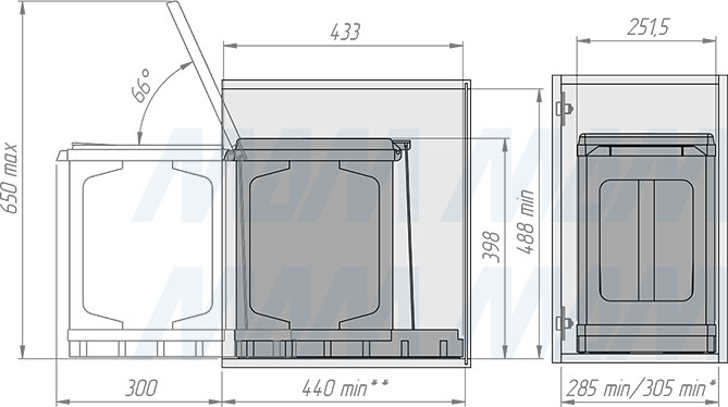Установка системы TOWER для сортировки мусора с ведром 18 л, нижнее крепление (артикул PAP609/1), схема 2