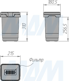 Размеры ведра 9 л системы KOMBI 50 для сортировки и хранения (артикул PKBGME503MG)
