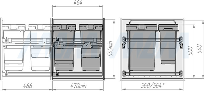 Установка системы KOMBI 60 с четырьмя ведрами для сортировки и хранения (артикул PKBGME604MG), схема 2