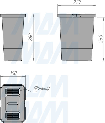 Размеры ведра METROPOLIS 6 л для мусора (артикул PTC28060504FC97)
