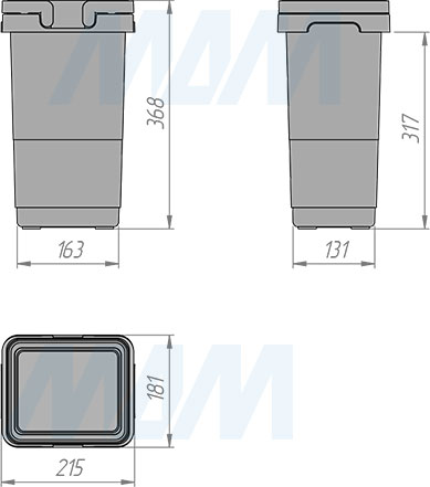 Размеры квадратного ведро SINGLE с ручками, 10 л, высота 370 мм (артикул SM10)