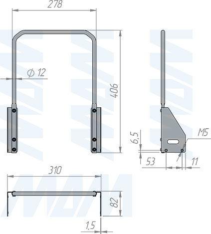 Размеры ручки для системы ведер MOVEBOX F40 (артикул WRB400-AS01DG)