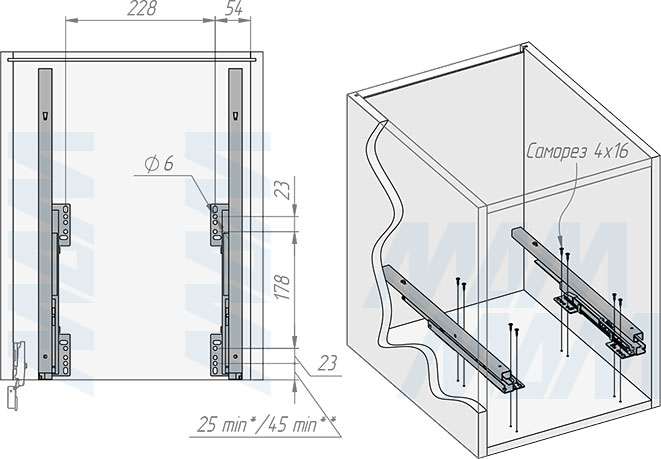 Установка системы сортировки и хранения MOVEBOX F40 с платформой и 2 ведрами 21 л, полное выдвижение, плавное закрывание в корпус шириной 400 мм с распашным фасадом (артикул WRB402-42DGPFS), схема 1