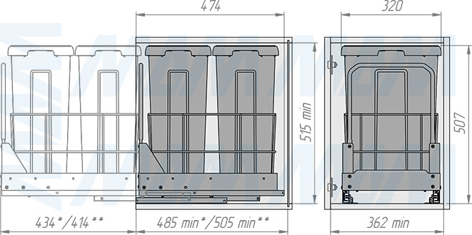 Установка системы сортировки и хранения MOVEBOX F40 с платформой и 2 ведрами 21 л, полное выдвижение, плавное закрывание в корпус шириной 400 мм с распашным фасадом (артикул WRB402-42DGPFS), схема 2