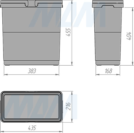 Размеры квадратного ведро SINGLE с ручками, 33 л, высота 460 мм (артикул XL33)