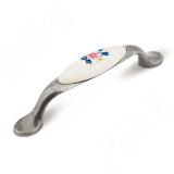 Ручка-скоба 96мм серебро состаренное/керамика цветы UP191GA/MLK