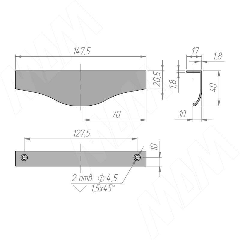 Профиль-ручка 150мм крепление саморезами алюминий полированный (анод) фото товара 2 - 26.150.AS