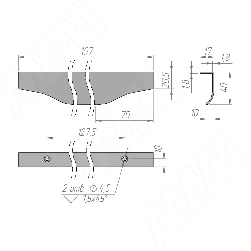 Профиль-ручка 200мм крепление саморезами алюминий полированный (анод) фото товара 2 - 26.200.AS