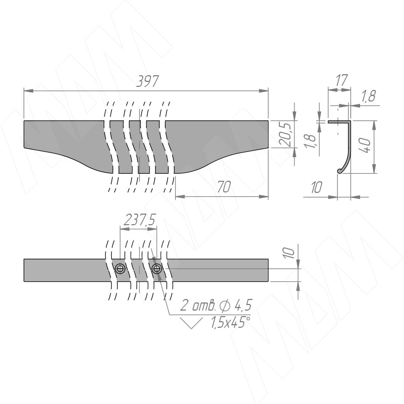 Профиль-ручка 400мм крепление саморезами алюминий полированный (анод) фото товара 2 - 26.400.AS