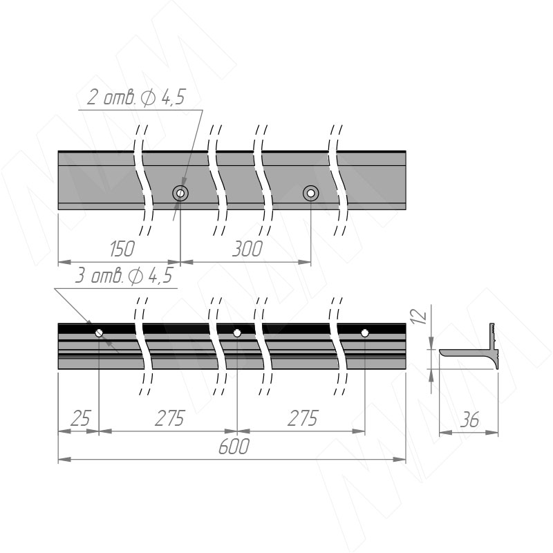 EUS Менсолодержатель для деревянных полок 16-20мм золото матовое (краска), L=600 мм (1 шт) фото товара 12 - EUS.600.GL