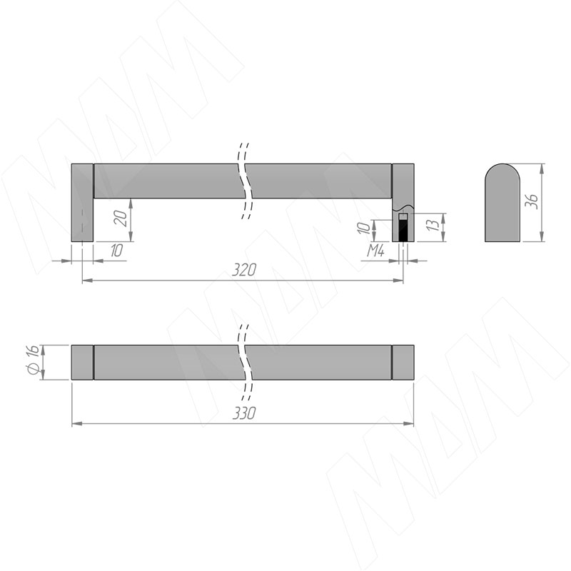Ручка-рейлинг 320мм нерж. сталь фото товара 5 - RH.07.320.BSN
