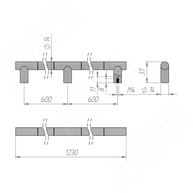 Ручка-рейлинг 1200мм латунь фото товара 4 - WMN.886.1200.6C6C
