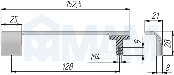 Размеры ручки-скобы с межцентровым расстоянием 128 мм (артикул 1369.128)