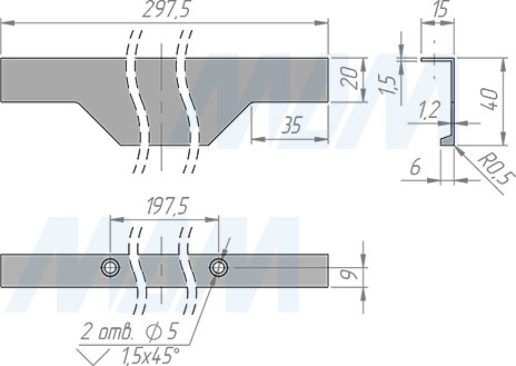 Размеры профиль-ручки с креплением на саморезы для фасада шириной 300 мм (артикул 25.300)