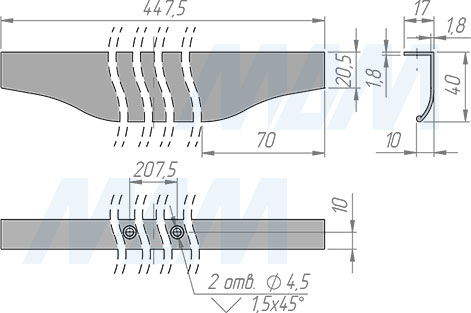 Размеры профиль-ручки с креплением на саморезы для фасада шириной 450 мм (артикул 26.450)