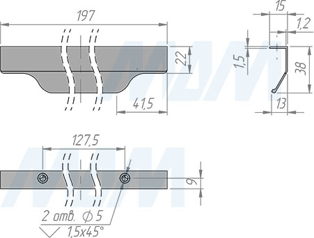 Размеры профиль-ручки с креплением на саморезы для фасада шириной 200 мм (артикул 27.200)