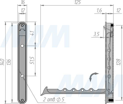 Размеры однорожкового крючка (артикул 6607.136)