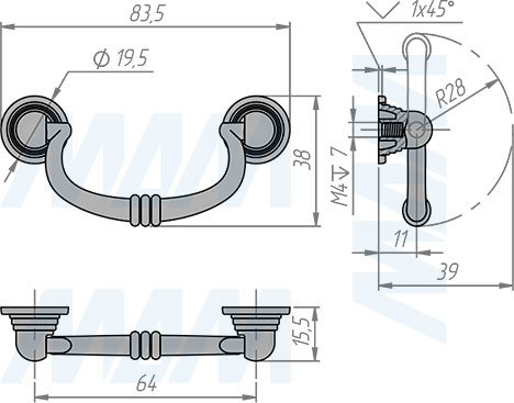 Размеры ручки-скобы с межцентровым расстоянием 64 мм (артикул BH.70.064)