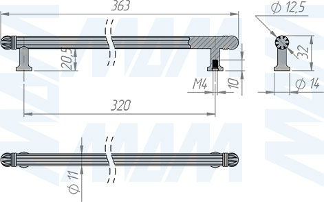 Размеры ручки-cскобы с межцентровым расстоянием 320 мм (артикул BH.75.320)
