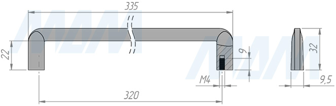 Размеры ручки-скобы с межцентровым расстоянием 320 мм (артикул BH.76.320.GF)