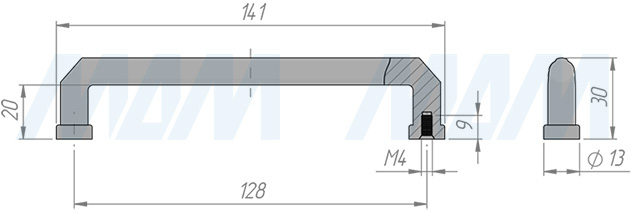 Размеры ручки-скобы с межцентровым расстоянием 128 мм (артикул BH.81.128.SN)