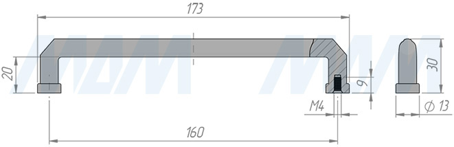 Размеры ручки-скобы с межцентровым расстоянием 160 мм (артикул BH.81.160.BLM)