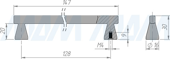 Размеры ручки-скобы с межцентровым расстоянием 128 мм (артикул BH.82.128)