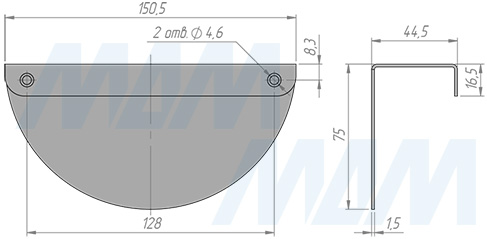 Размеры ручки-скобы с межцентровым расстоянием128 мм (артикул BH.RU07.128.GR)