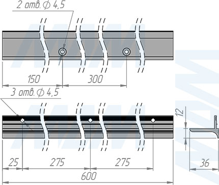Размеры менсолодержателя EUS длиной 600 мм для деревянных полок 16-20 мм (артикул EUS.600), чертеж 1
