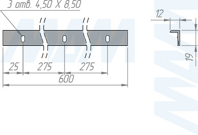 Размеры менсолодержателя EUS длиной 600 мм для деревянных полок 16-20 мм (артикул EUS.600), чертеж 2