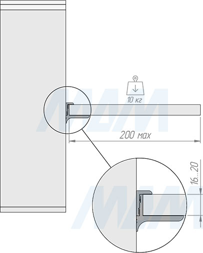 Установка менсолодержателя EUS длиной 600 мм для деревянных полок 16-20 мм (артикул EUS.600), схема 1